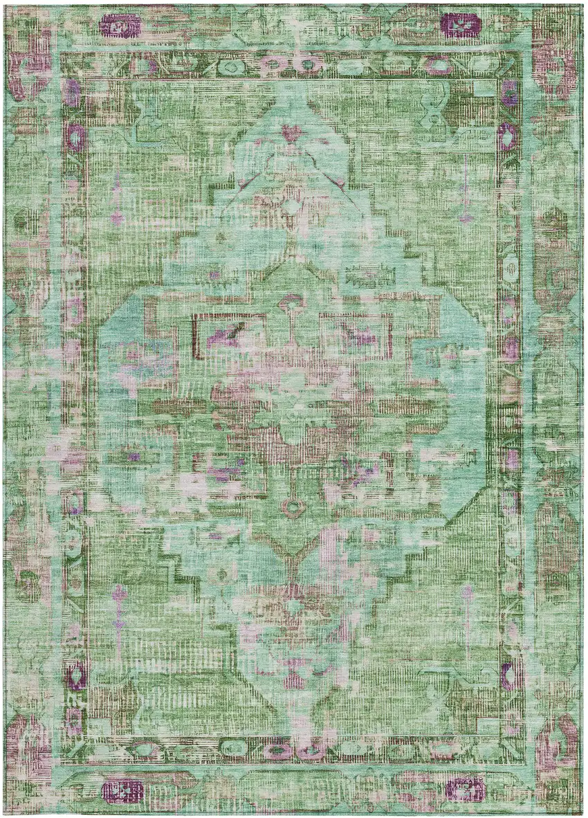 Artichoke Green Teal Blue And Lavender Oriental Washable Indoor Outdoor Area Rug Photo 4