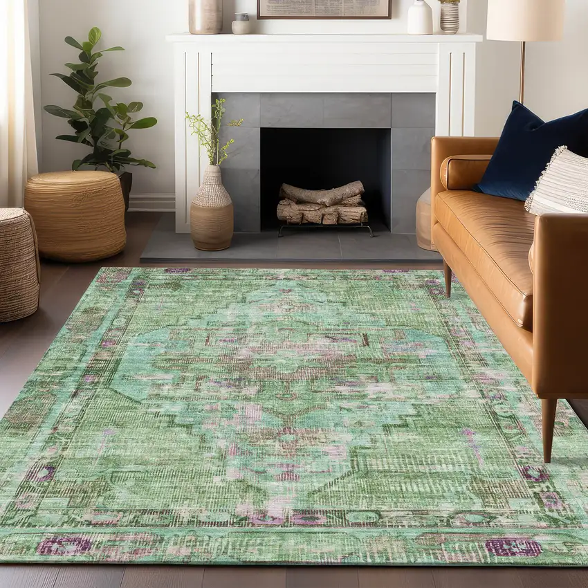 Artichoke Green Teal Blue And Lavender Oriental Washable Indoor Outdoor Area Rug Photo 6