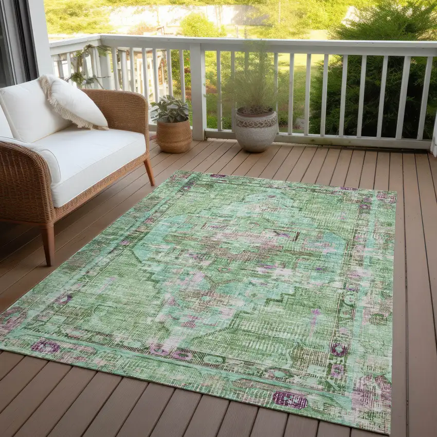 Artichoke Green Teal Blue And Lavender Oriental Washable Indoor Outdoor Area Rug Photo 5