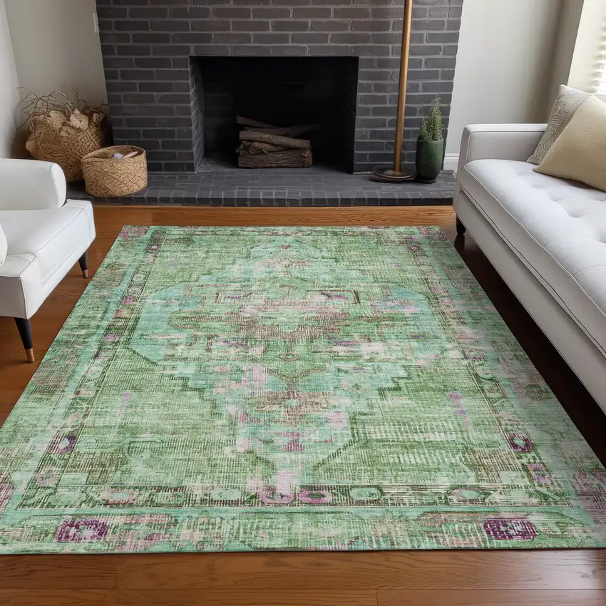 Artichoke Green Teal Blue And Lavender Oriental Washable Indoor Outdoor Area Rug Photo 7