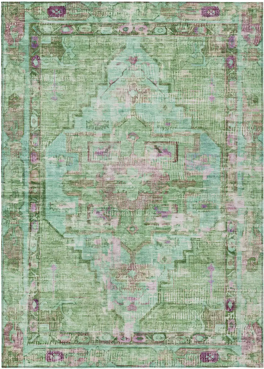 Artichoke Green Teal Blue And Lavender Oriental Washable Indoor Outdoor Area Rug Photo 1