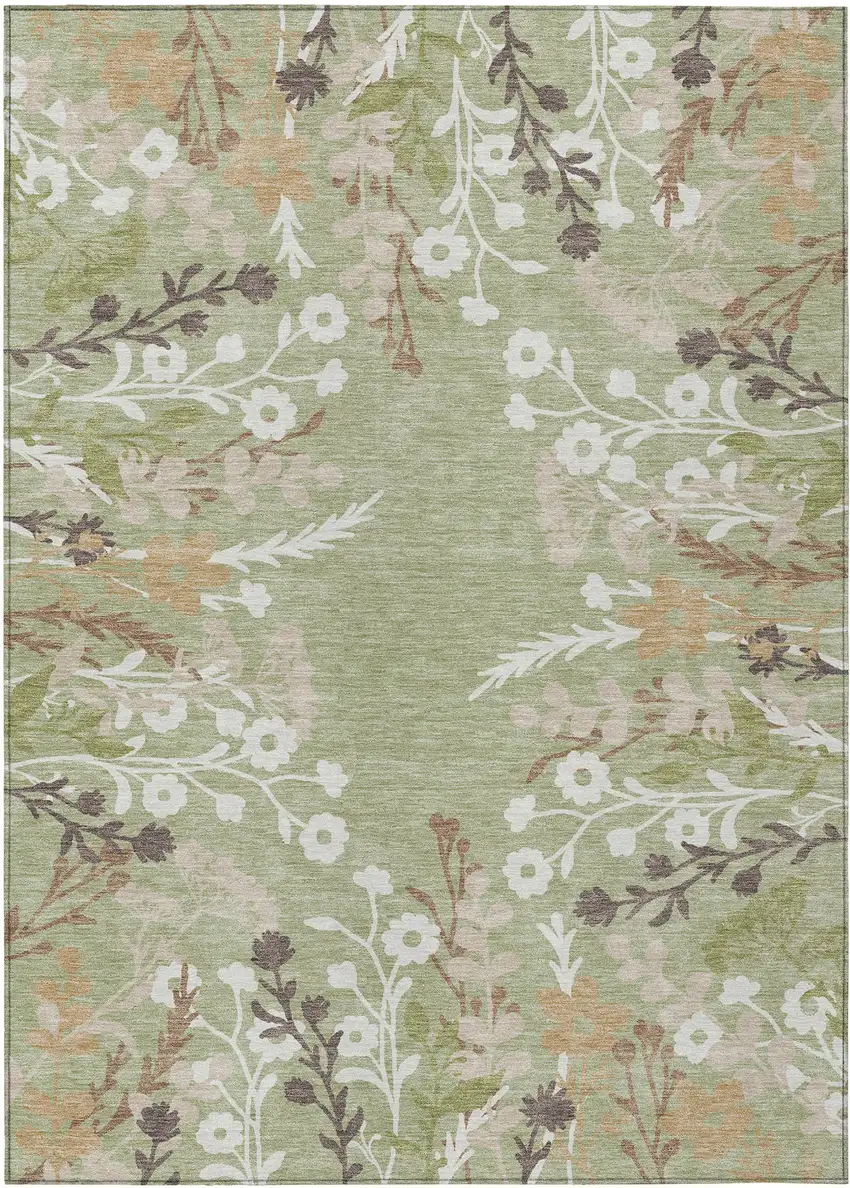 Artichoke Green Wheat And Ivory Floral Washable Indoor Outdoor Area Rug Photo 2