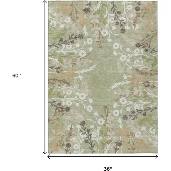 Artichoke Green Wheat And Ivory Floral Washable Indoor Outdoor Area Rug Photo 3