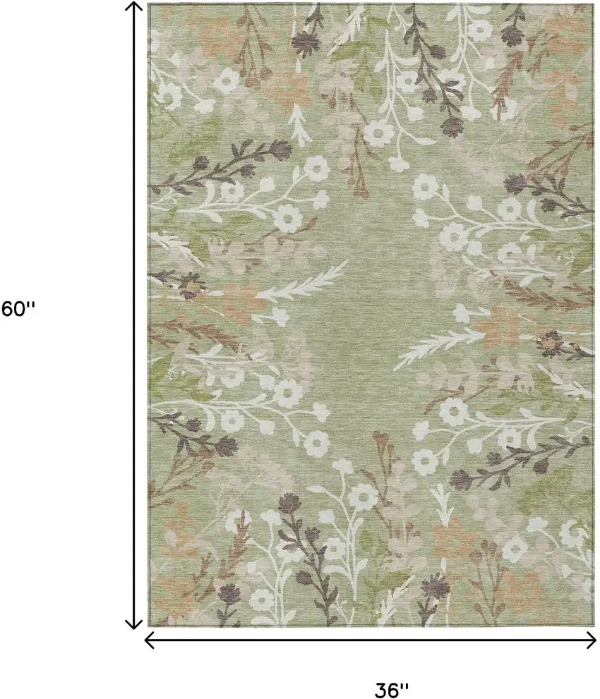 Artichoke Green Wheat And Ivory Floral Washable Indoor Outdoor Area Rug Photo 3