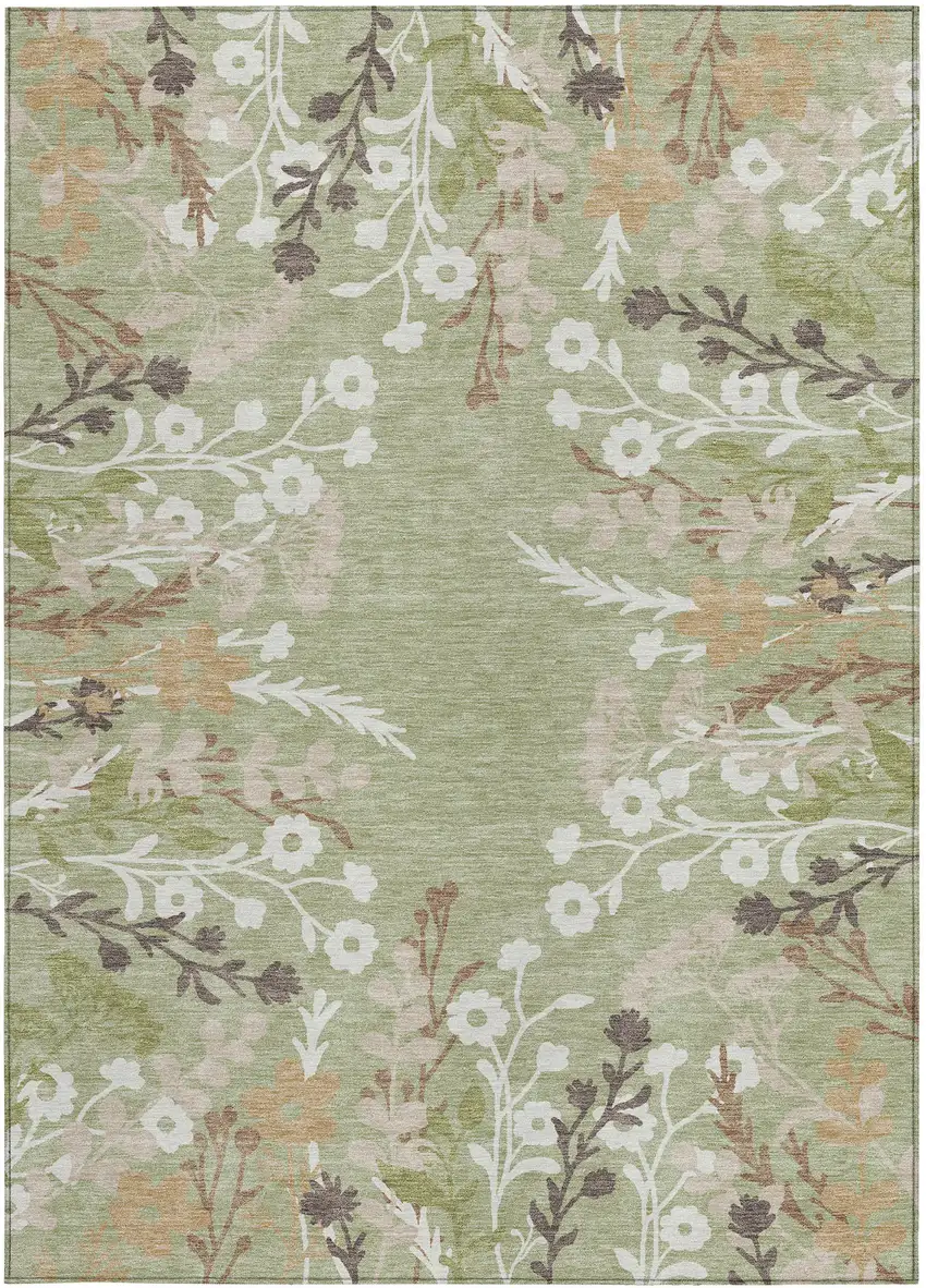 Artichoke Green Wheat And Ivory Floral Washable Indoor Outdoor Area Rug Photo 5