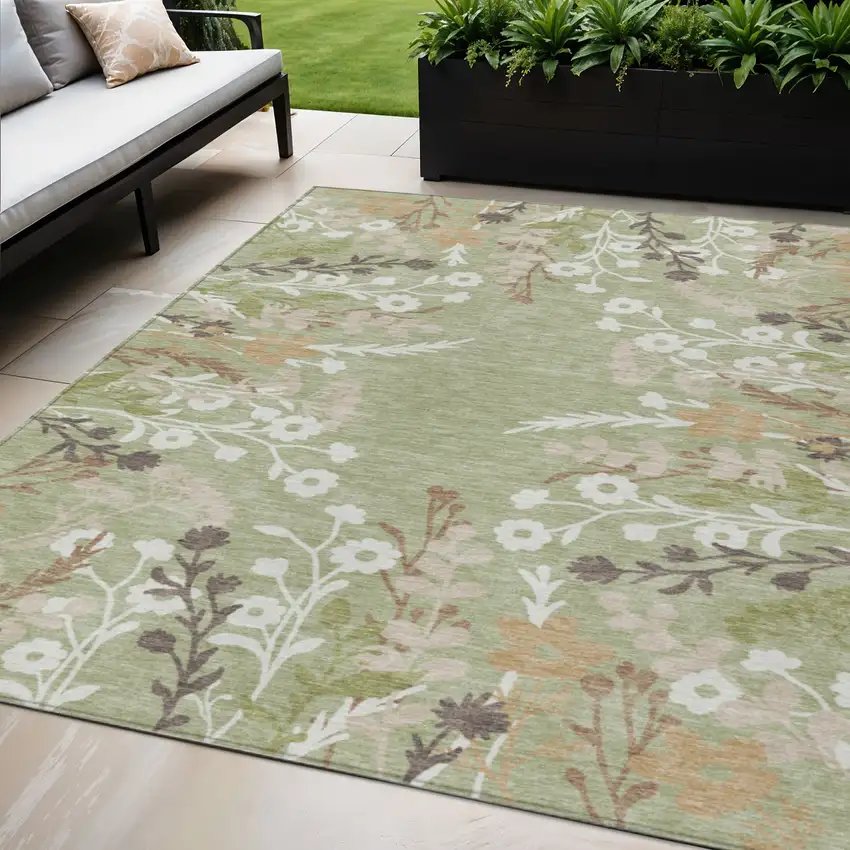 Artichoke Green Wheat And Ivory Floral Washable Indoor Outdoor Area Rug Photo 1