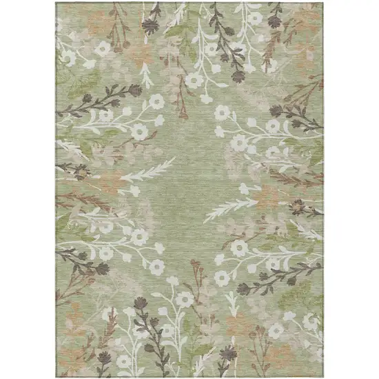 Artichoke Green Wheat And Ivory Floral Washable Indoor Outdoor Area Rug Photo 2