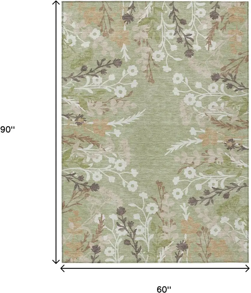 Artichoke Green Wheat And Ivory Floral Washable Indoor Outdoor Area Rug Photo 3