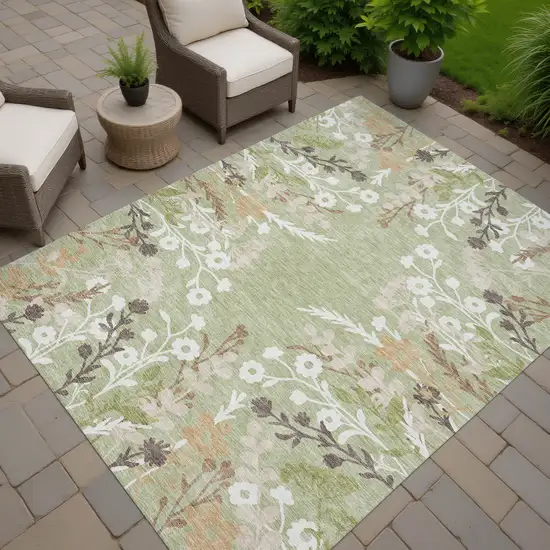 Artichoke Green Wheat And Ivory Floral Washable Indoor Outdoor Area Rug Photo 7