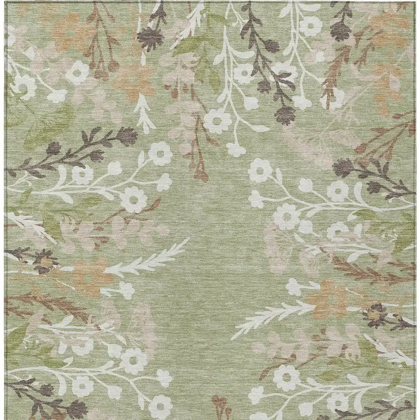 Artichoke Green Wheat And Ivory Floral Washable Indoor Outdoor Area Rug Photo 4