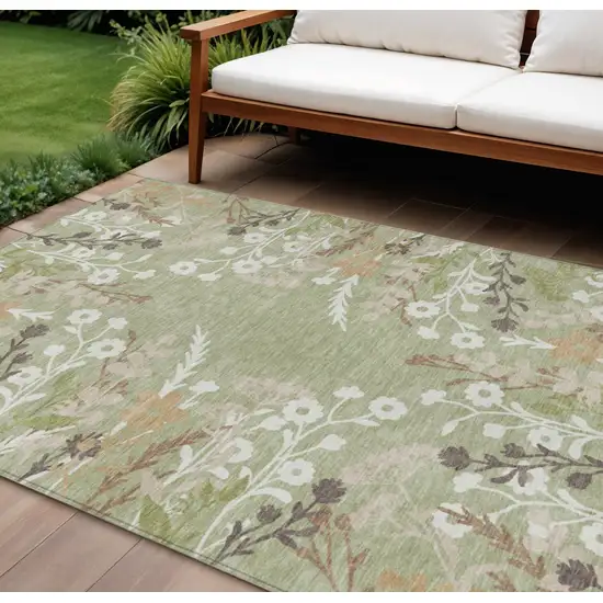 Artichoke Green Wheat And Ivory Floral Washable Indoor Outdoor Area Rug Photo 1