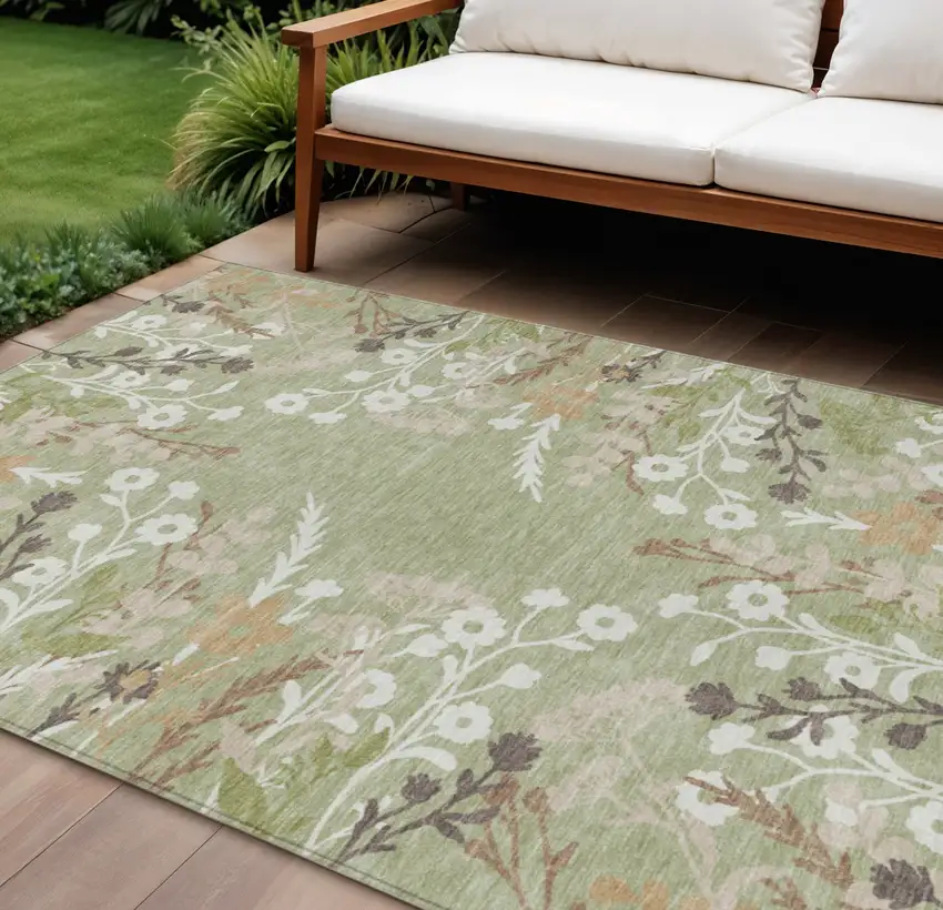 Artichoke Green Wheat And Ivory Floral Washable Indoor Outdoor Area Rug Photo 1
