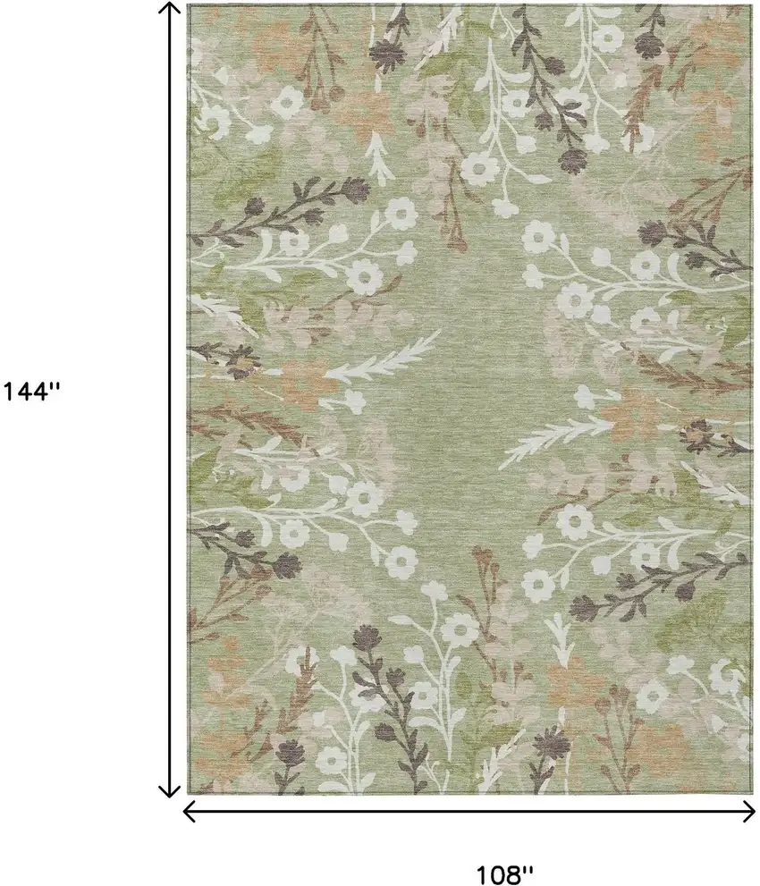 Artichoke Green Wheat And Ivory Floral Washable Indoor Outdoor Area Rug Photo 3
