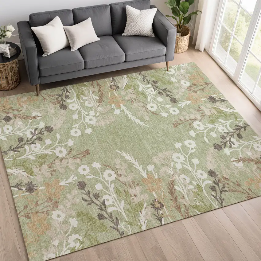 Artichoke Green Wheat And Ivory Floral Washable Indoor Outdoor Area Rug Photo 9