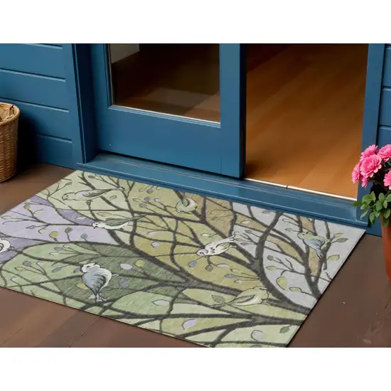 Artichoke Green Wheat And Lavender Botanical Leaves Washable Indoor Outdoor Area Rug Photo 1