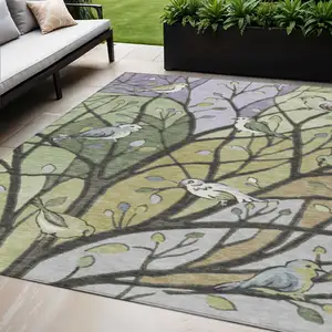 Photo of Artichoke Green Wheat And Lavender Botanical Leaves Washable Indoor Outdoor Area Rug