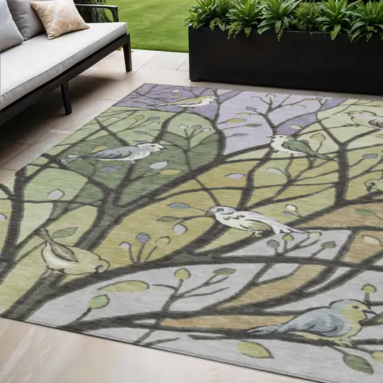 Artichoke Green Wheat And Lavender Botanical Leaves Washable Indoor Outdoor Area Rug Photo 1
