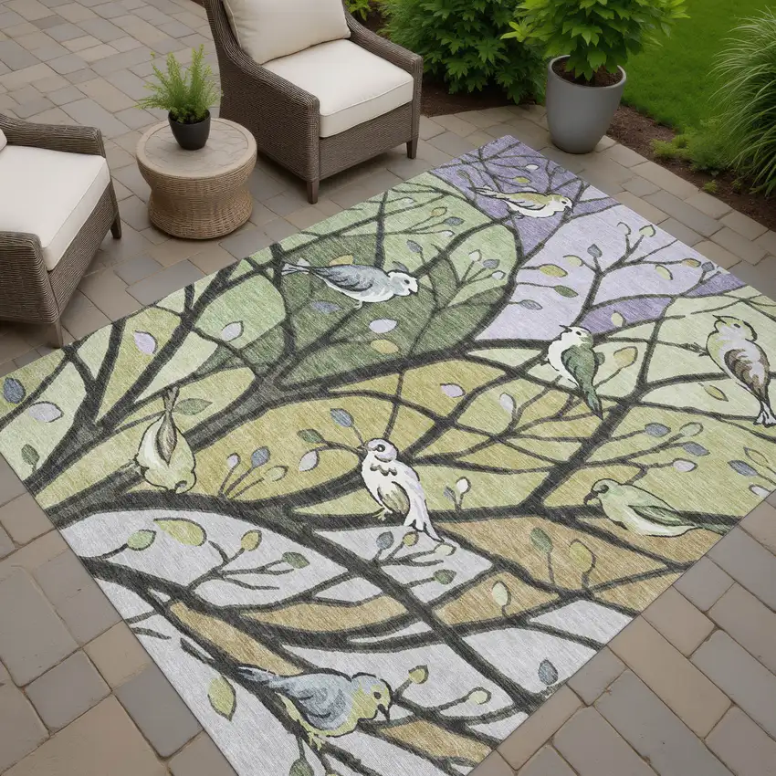 Artichoke Green Wheat And Lavender Botanical Leaves Washable Indoor Outdoor Area Rug Photo 9