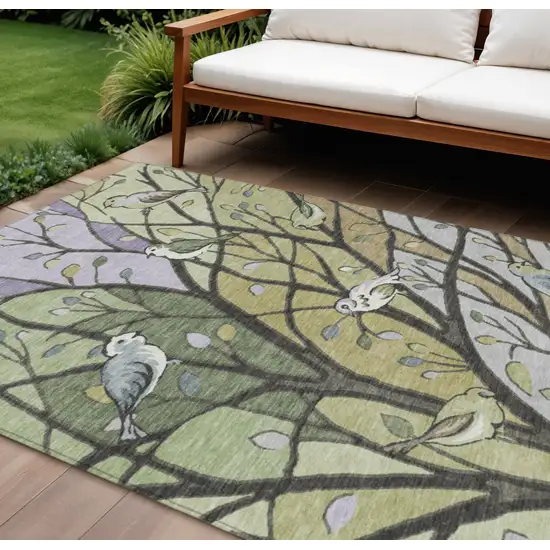 Artichoke Green Wheat And Lavender Botanical Leaves Washable Indoor Outdoor Area Rug Photo 1