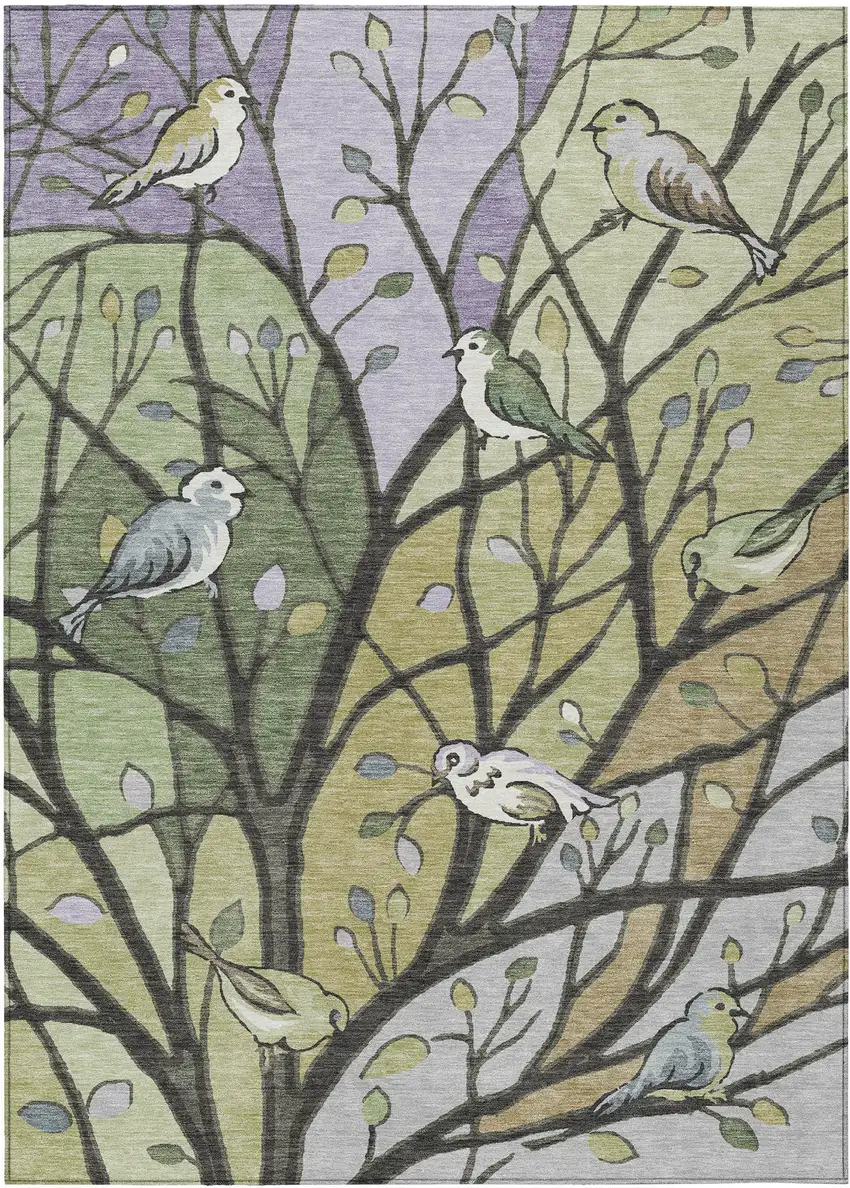 Artichoke Green Wheat And Lavender Botanical Leaves Washable Indoor Outdoor Area Rug Photo 2