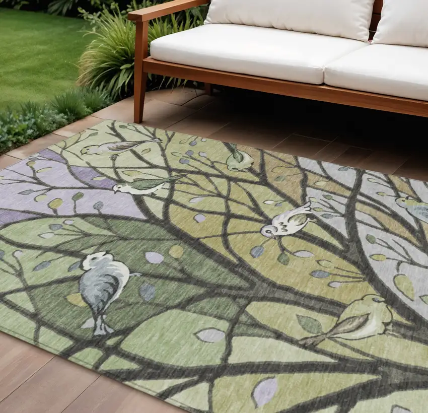 Artichoke Green Wheat And Lavender Botanical Leaves Washable Indoor Outdoor Area Rug Photo 1