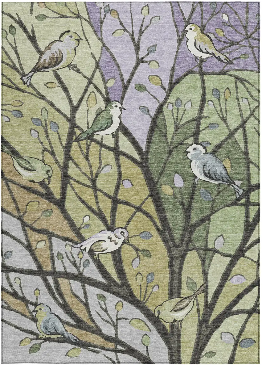 Artichoke Green Wheat And Lavender Botanical Leaves Washable Indoor Outdoor Area Rug Photo 4