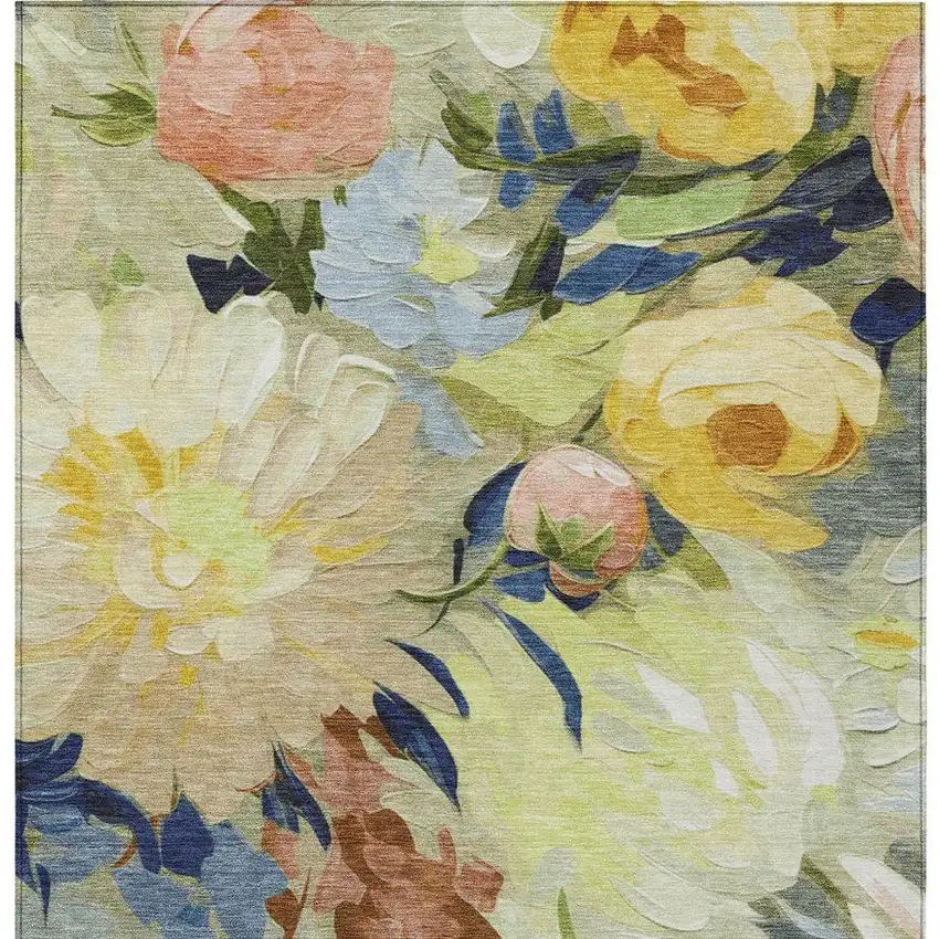Artichoke Green Yellow And Blue Floral Washable Indoor Outdoor Area Rug Photo 4