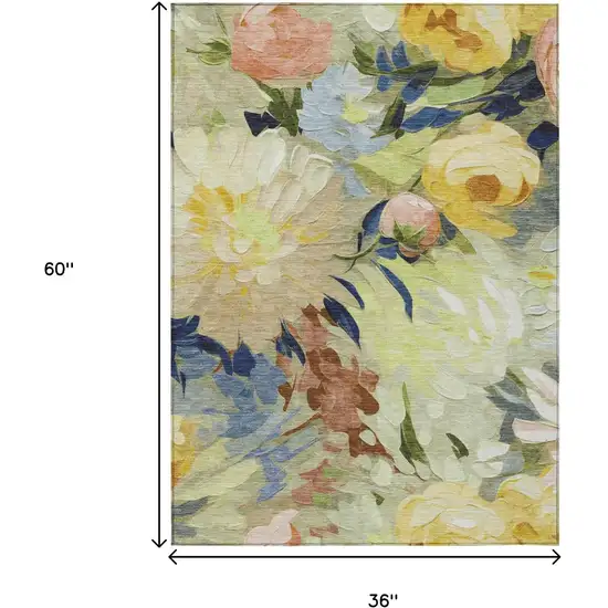 Artichoke Green Yellow And Blue Floral Washable Indoor Outdoor Area Rug Photo 3
