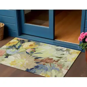 Photo of Artichoke Green Yellow And Blue Floral Washable Indoor Outdoor Area Rug