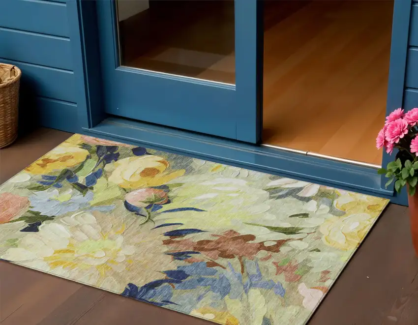 Artichoke Green Yellow And Blue Floral Washable Indoor Outdoor Area Rug Photo 1
