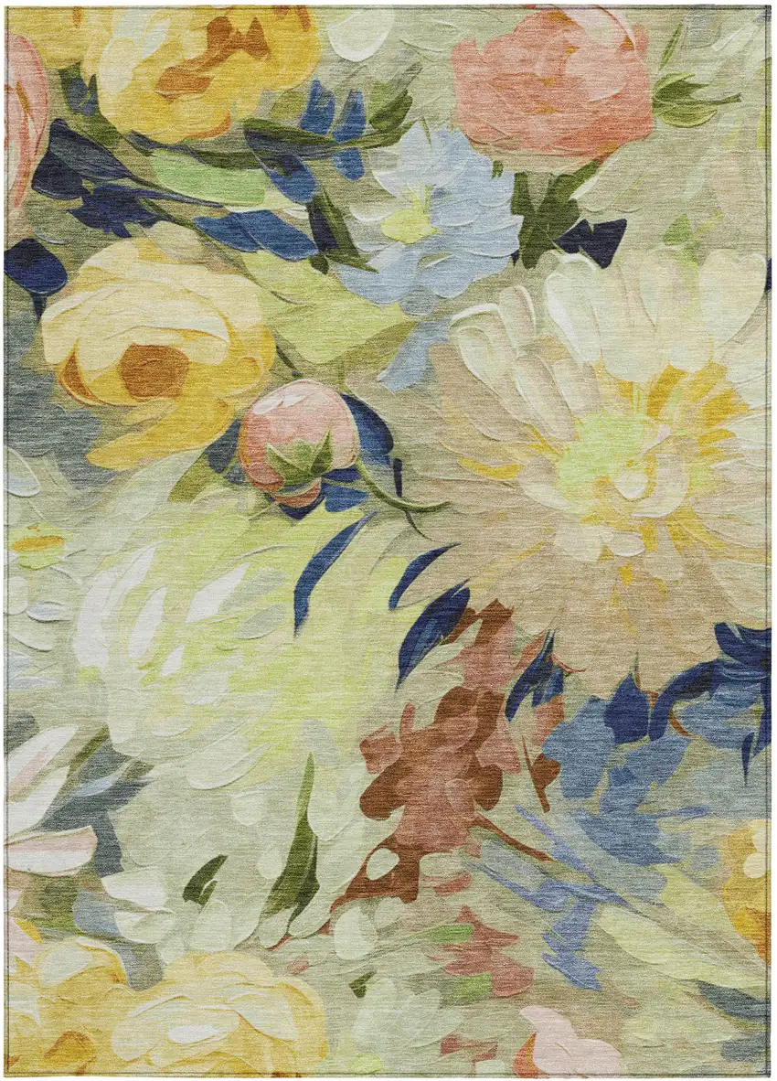 Artichoke Green Yellow And Blue Floral Washable Indoor Outdoor Area Rug Photo 2