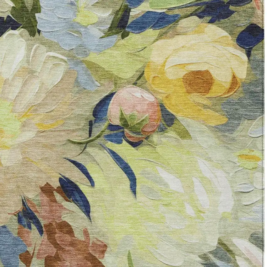 Artichoke Green Yellow And Blue Floral Washable Indoor Outdoor Area Rug Photo 7