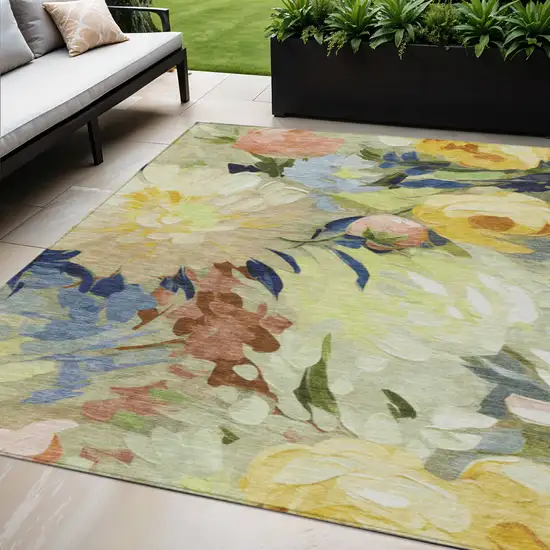 Artichoke Green Yellow And Blue Floral Washable Indoor Outdoor Area Rug Photo 1