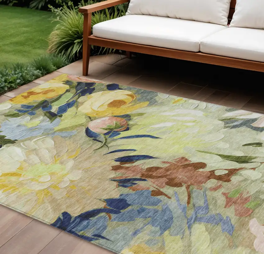 Artichoke Green Yellow And Blue Floral Washable Indoor Outdoor Area Rug Photo 1
