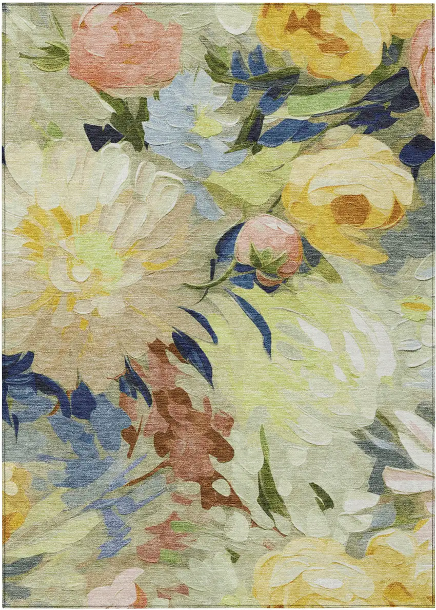 Artichoke Green Yellow And Blue Floral Washable Indoor Outdoor Area Rug Photo 4