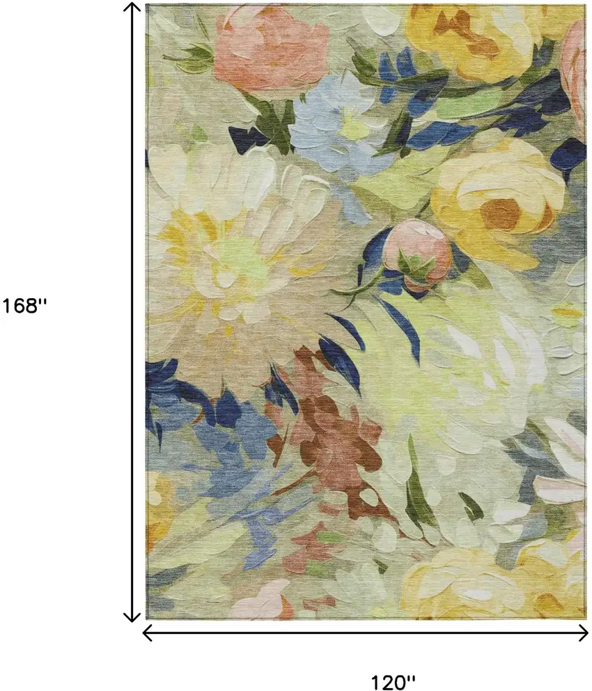 Artichoke Green Yellow And Blue Floral Washable Indoor Outdoor Area Rug Photo 3