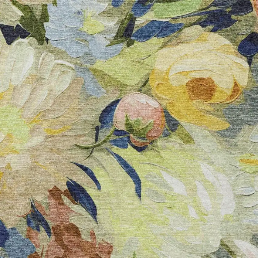 Artichoke Green Yellow And Blue Floral Washable Indoor Outdoor Area Rug Photo 7