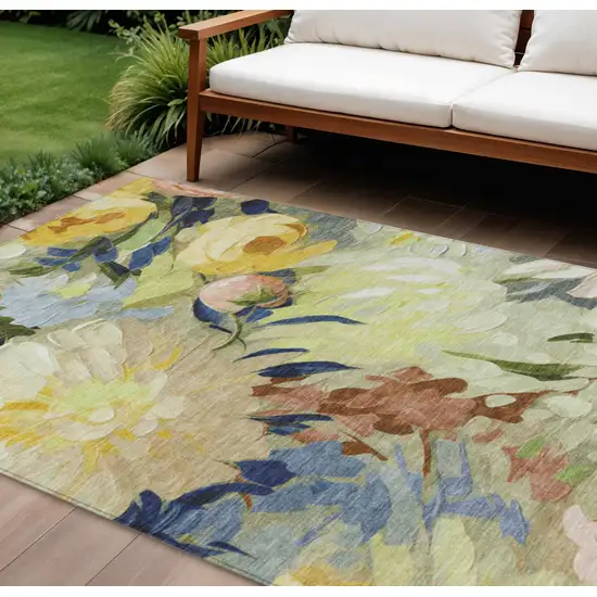 Artichoke Green Yellow And Blue Floral Washable Indoor Outdoor Area Rug Photo 1