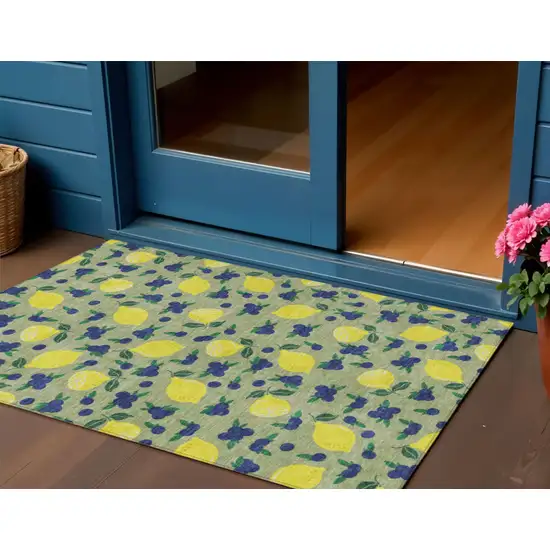 Artichoke Green Yellow And Blue Lemons Washable Indoor Outdoor Area Rug Photo 1
