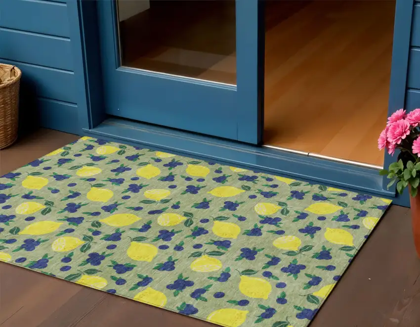 Artichoke Green Yellow And Blue Lemons Washable Indoor Outdoor Area Rug Photo 1