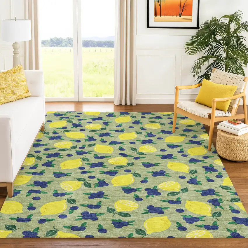 Artichoke Green Yellow And Blue Lemons Washable Indoor Outdoor Area Rug Photo 9