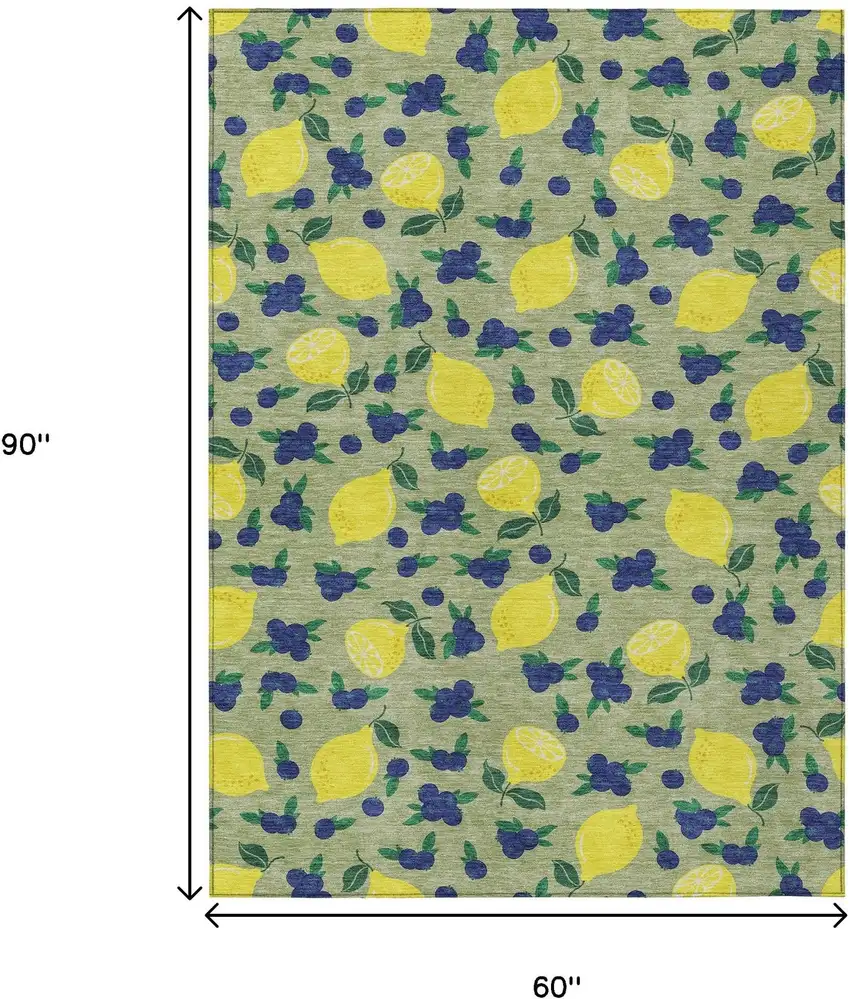 Artichoke Green Yellow And Blue Lemons Washable Indoor Outdoor Area Rug Photo 3