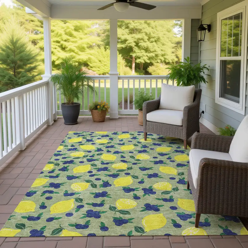 Artichoke Green Yellow And Blue Lemons Washable Indoor Outdoor Area Rug Photo 9