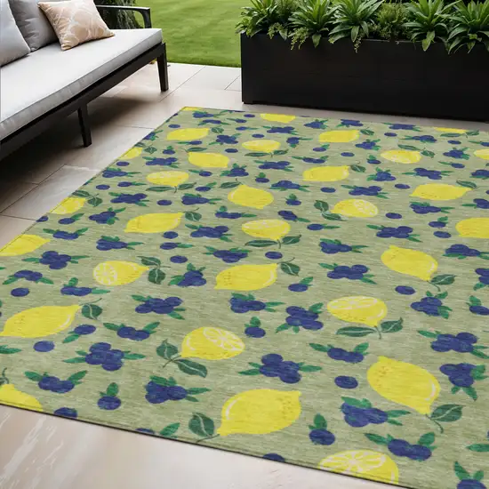 Artichoke Green Yellow And Blue Lemons Washable Indoor Outdoor Area Rug Photo 1