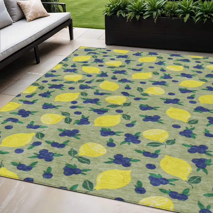 Artichoke Green Yellow And Blue Lemons Washable Indoor Outdoor Area Rug Photo 1