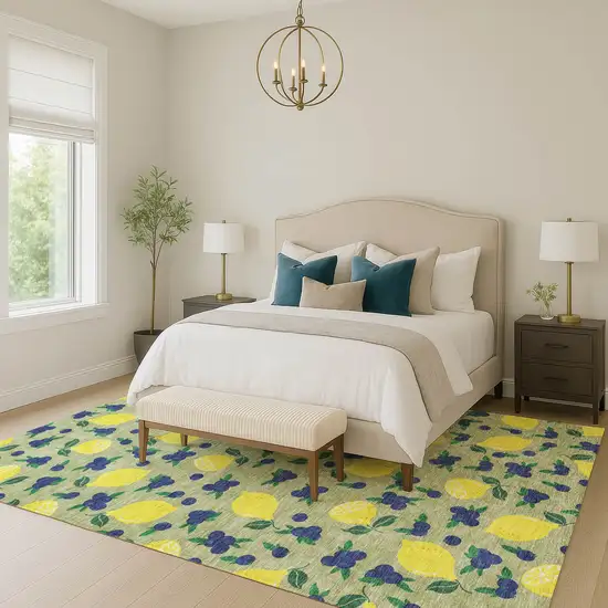 Artichoke Green Yellow And Blue Lemons Washable Indoor Outdoor Area Rug Photo 8