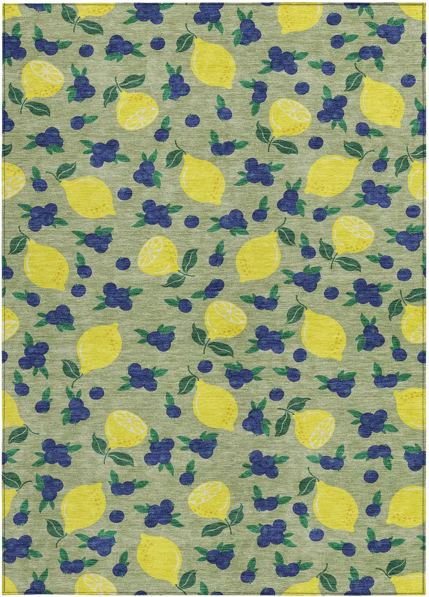 Artichoke Green Yellow And Blue Lemons Washable Indoor Outdoor Area Rug Photo 4