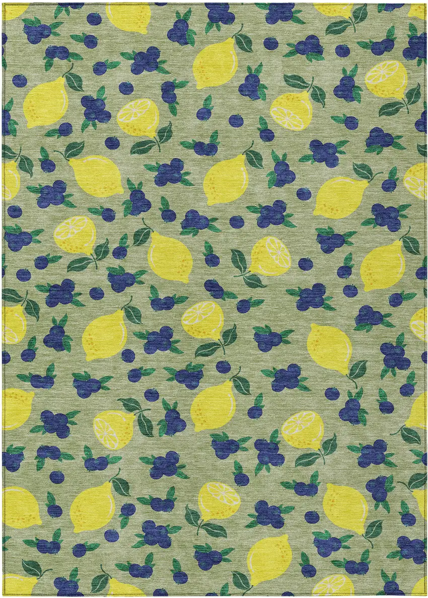 Artichoke Green Yellow And Blue Lemons Washable Indoor Outdoor Area Rug Photo 2