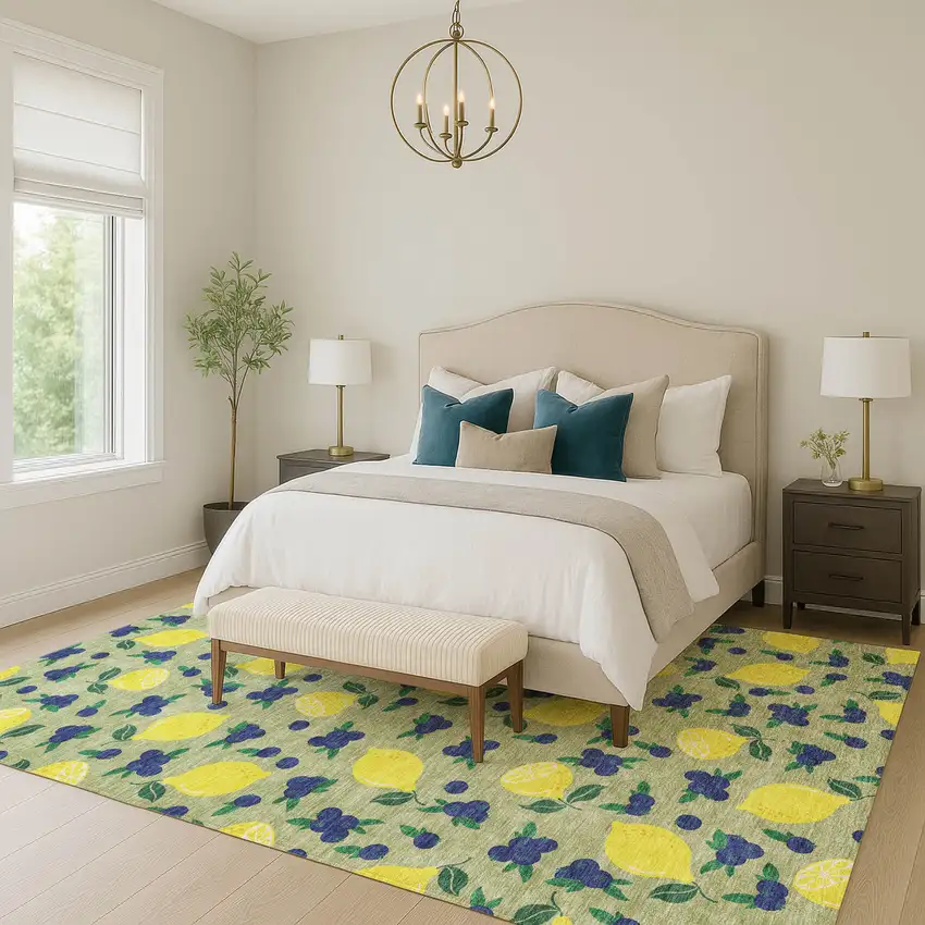 Artichoke Green Yellow And Blue Lemons Washable Indoor Outdoor Area Rug Photo 8