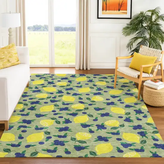 Artichoke Green Yellow And Blue Lemons Washable Indoor Outdoor Area Rug Photo 9